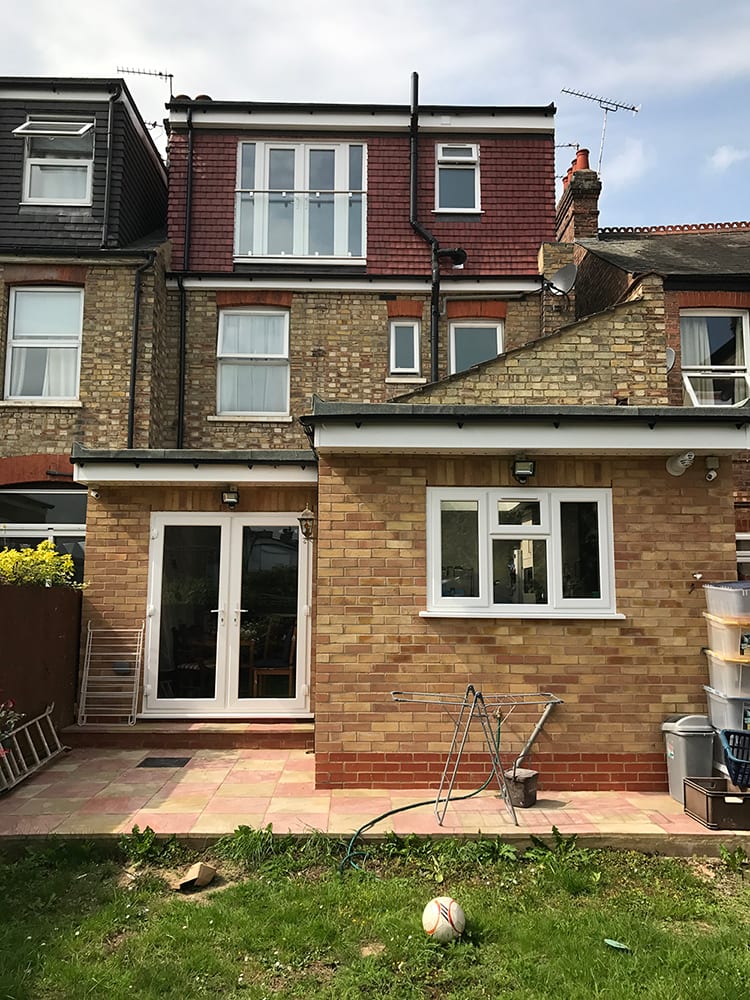 Rear extension and loft conversion in London stock brick with French doors, North Finchley